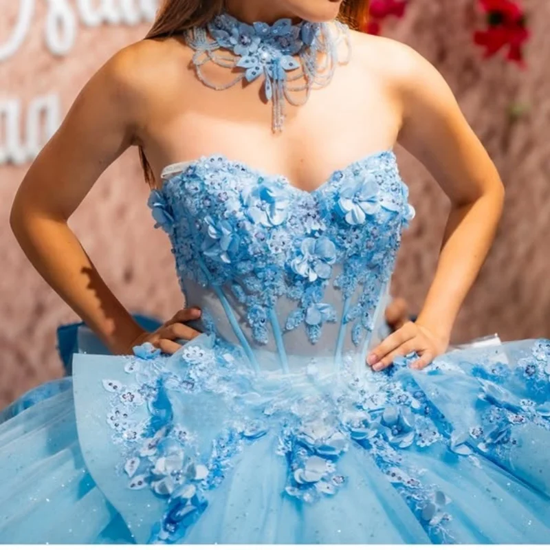 

Sky Blue Quinceanera Dress glitter 3D flower Decal Long tail Bow Lace layering Vestidos De 15 Quinceanera ﻿Customize