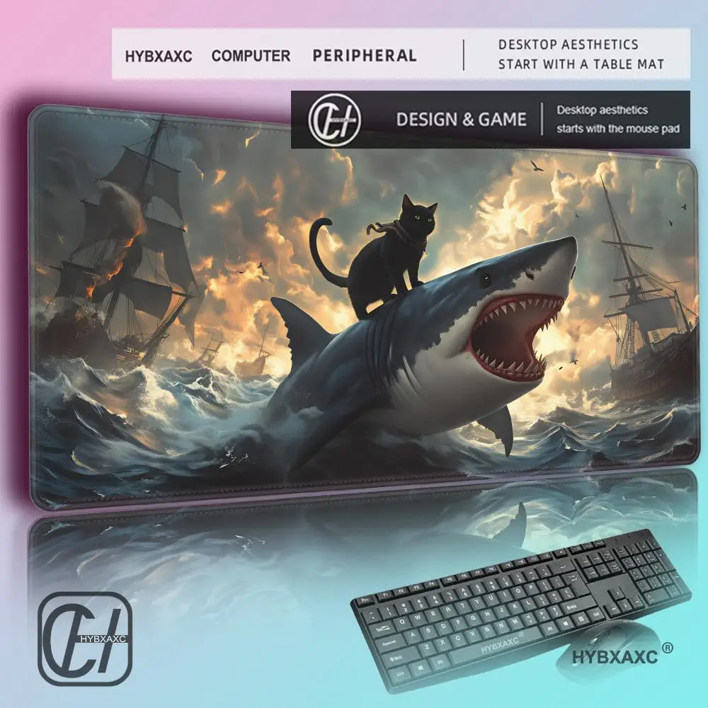 

HYBXAXC Vengeance Shall Be Mine DeskMat, Scourge of the Seas DeskPad, Cat Riding a Shark Desk Topper, I Choose Violence Mousepad
