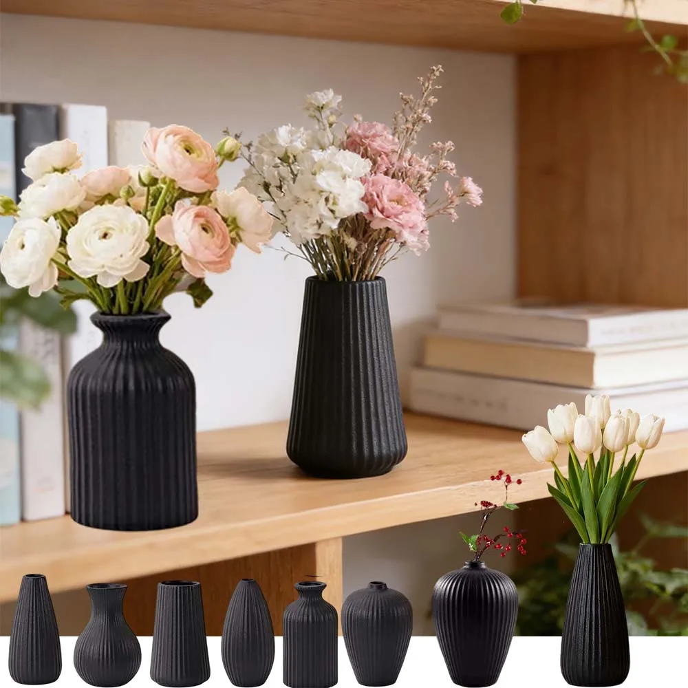 1pc Modern Black Ceramic Vase Boho Minimalist Decor Grass Flower Vase Nordic Style  for Living Room Table Office Shelf Florero
