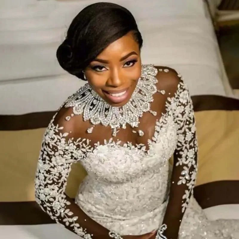 

Африканские белые свадебные платья русалки по индивидуальному заказу, арабские кружевные свадебные платья, свадебное платье с жемчугом и длинными рукавами, Vestidos De Novia