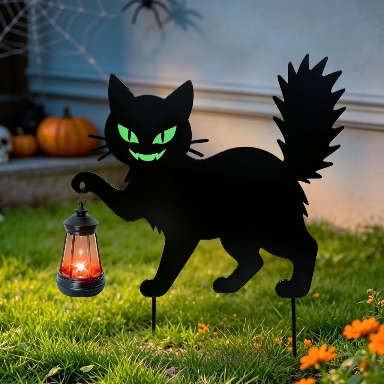 Spooky Halloween Black Cat Yard Signs with Lantern Holder Scary Silhouette Decorations with Glow-in-the-Dark Green Eyes