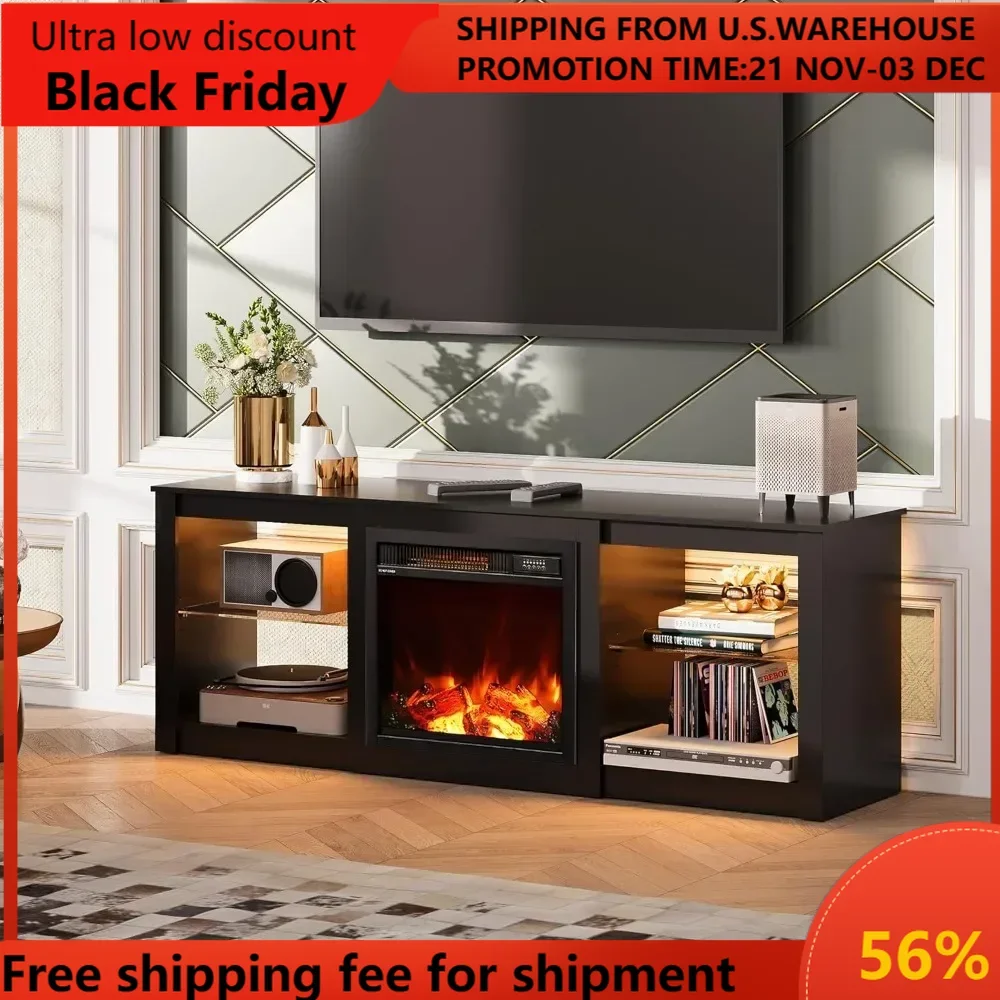 Fireplace TV Stand, Fireplace TV Console with LED Lights,Modern TV Stand for Living Room, Entertainment Console with Glass