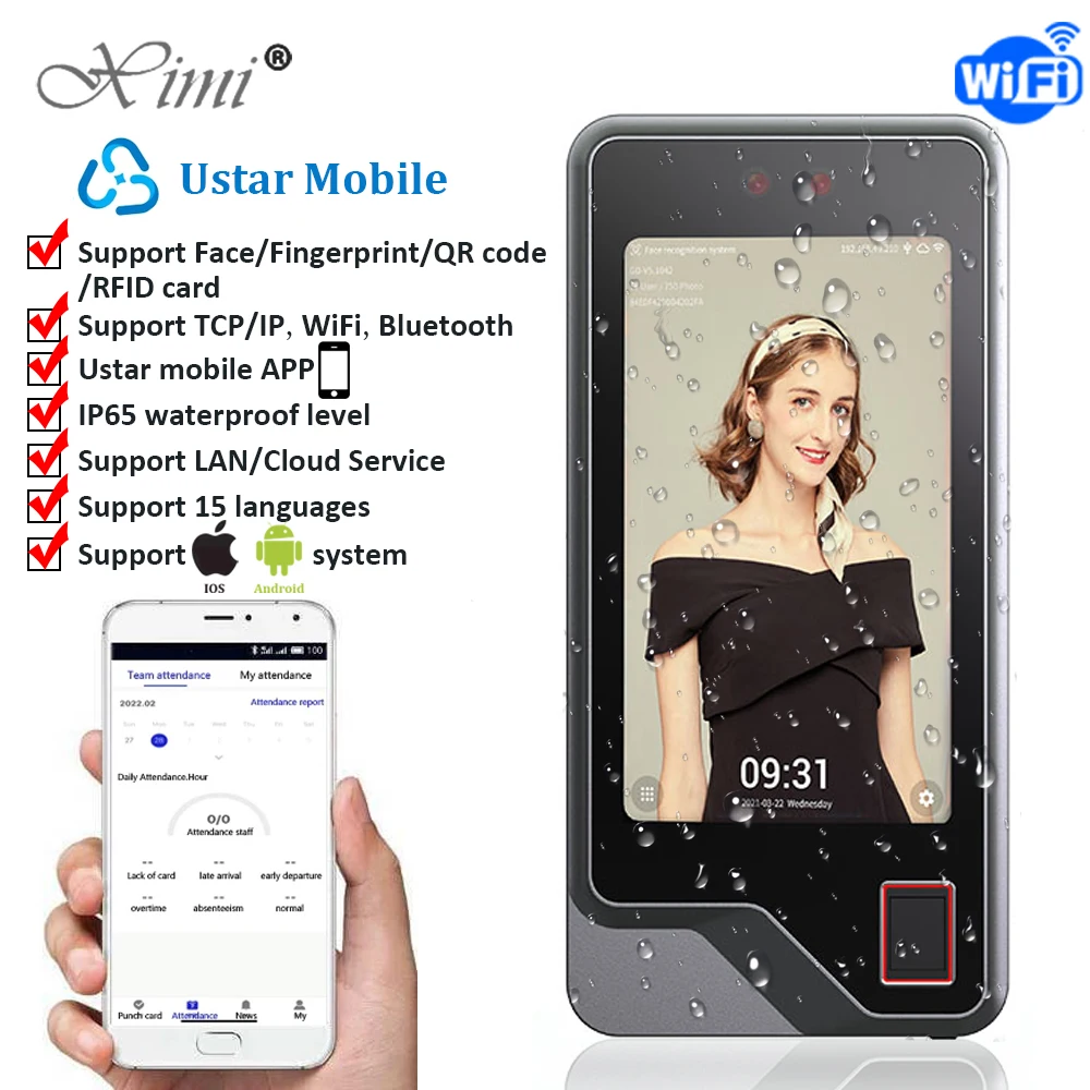 Waterproof Fingerprint Face Recognition Time Attendance and Access Control Machine with WiFi Bluetooth Cloud TCP/IP Facial Clock