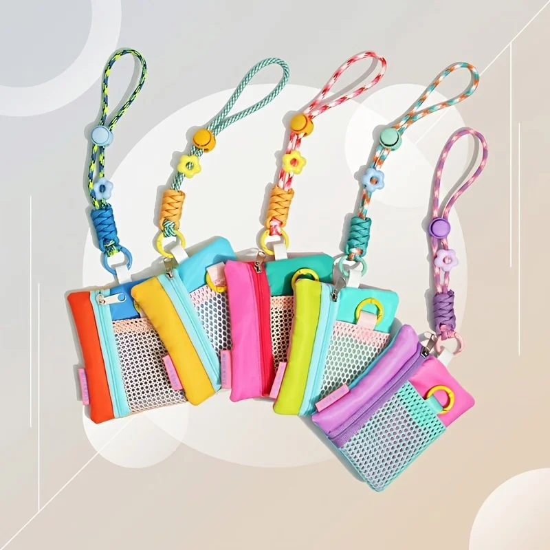 Color Block Mesh Mini Coin Purse Adjustable Braided Lanyard Zipper Card Holder Lightweight Key Pouch Kawaii Floral Buckle Wrist