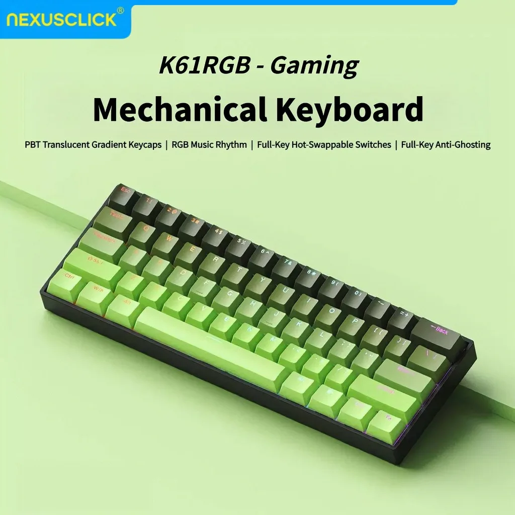 NexusClick 61 Keys Brown Switch Gaming Keyboard,Mechanical Wired for Pro Esports,Hot Swappable RGB Backlit PBT Keycaps for Gamer