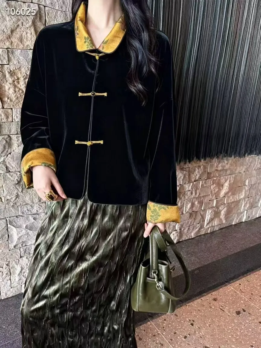 Women Silk+Velvet Turn‑Down Collar Jacket Spring Autumn Long Sleeve Retro Print New handmade Button Elegant Ladies Coat