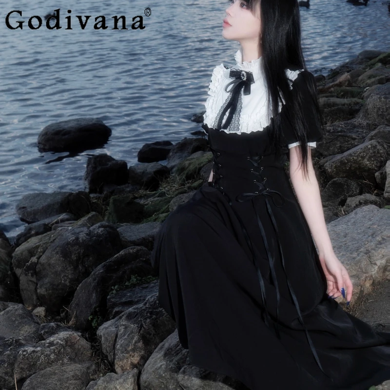 여성 여름 우아한 로리타 스타일 드레스 오리지널 디자인 프랑스어 레트로 드레스 여성 블랙 허리 Cinching 레이스 롱 드레스