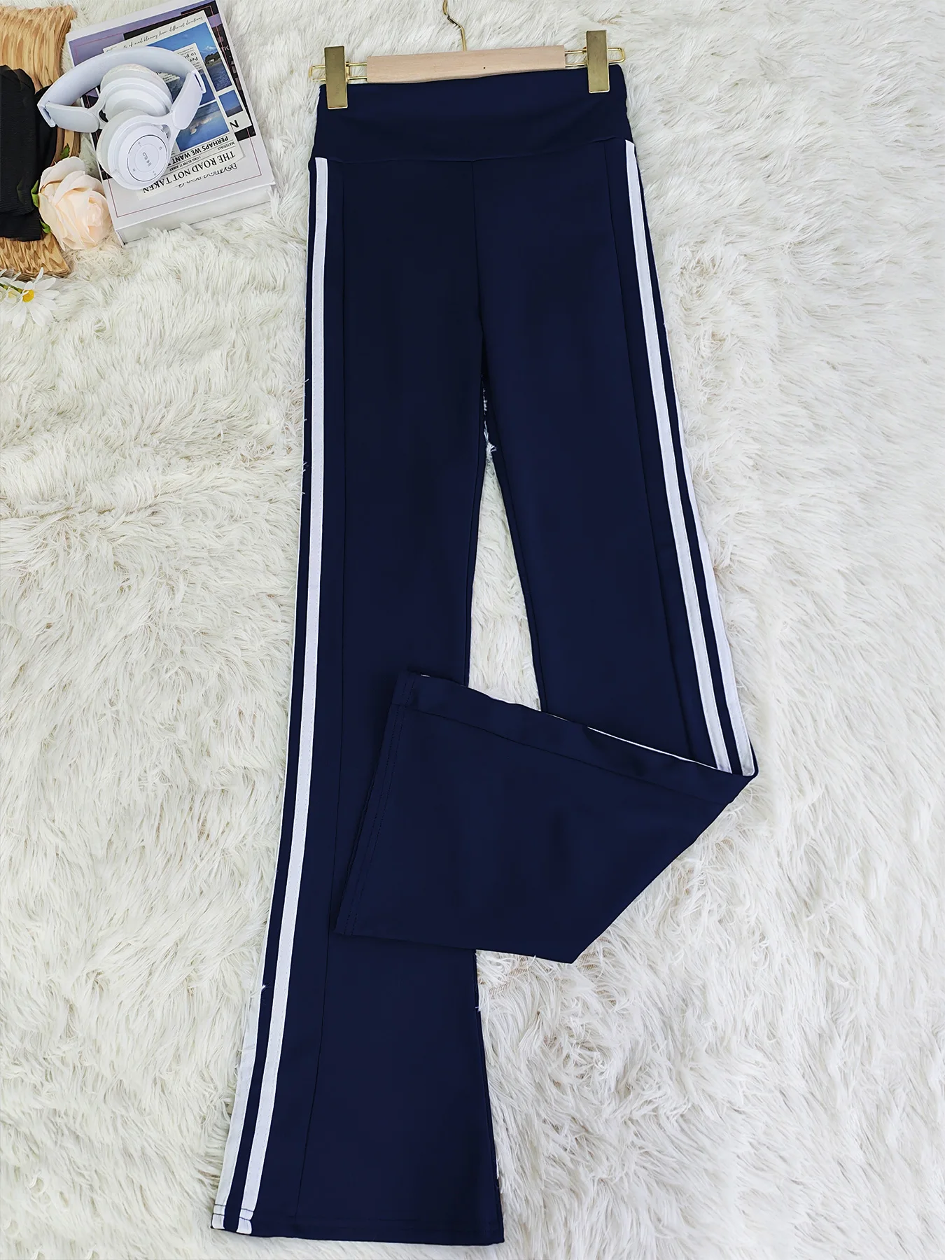 Women High Waist Side White Striped Flare Pants, Elastic Slim Fit Sports Bootcut Leggings, Casual Workout Bell‑Bottom Trousers