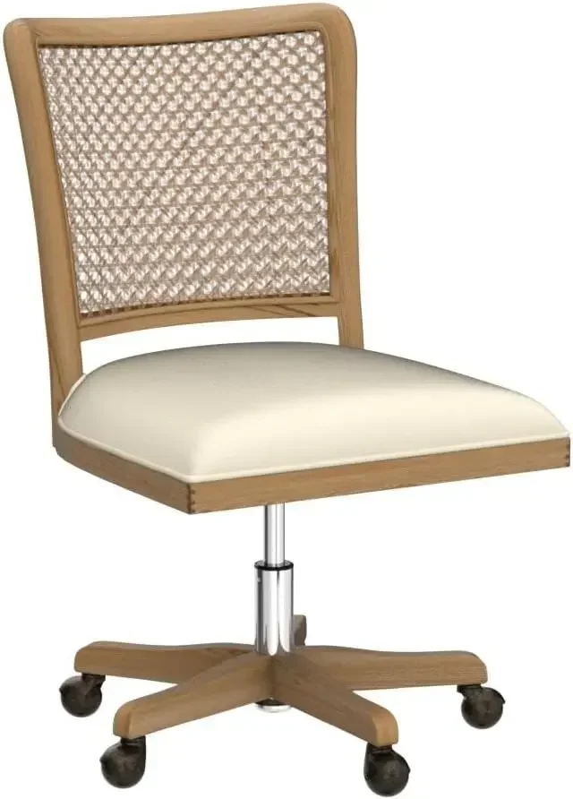 Office Chair Comfortable Upholstered Armless Desk Chair, Adjustable Swivel Rolling Computer Chair with Rattan Mid-Back Support,