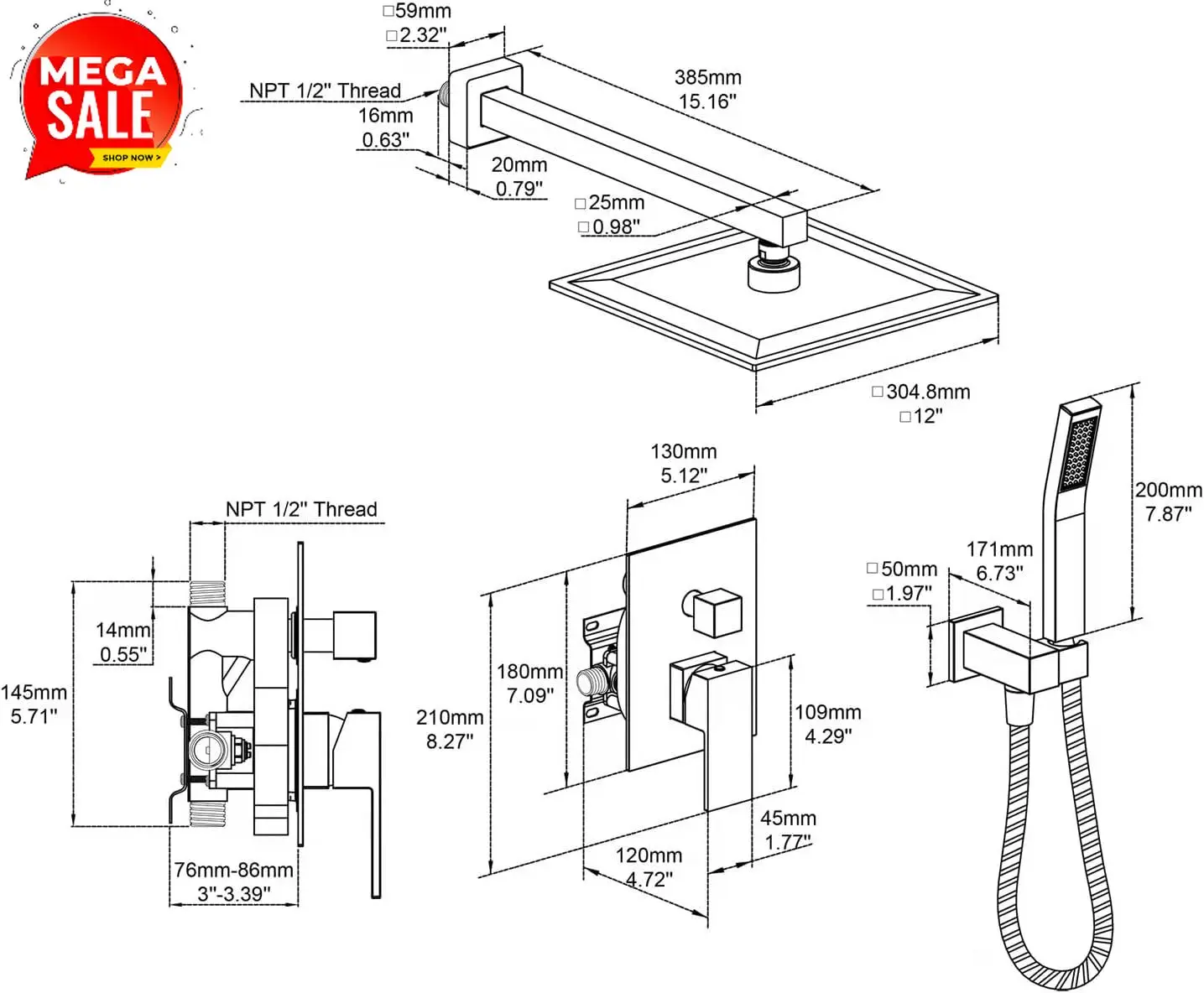 

Sale price Rain Shower System 12 Inches Shower Combo Set Chrome Wall Mount Faucet Bathroom Faucets with Rainfall Shower Head and