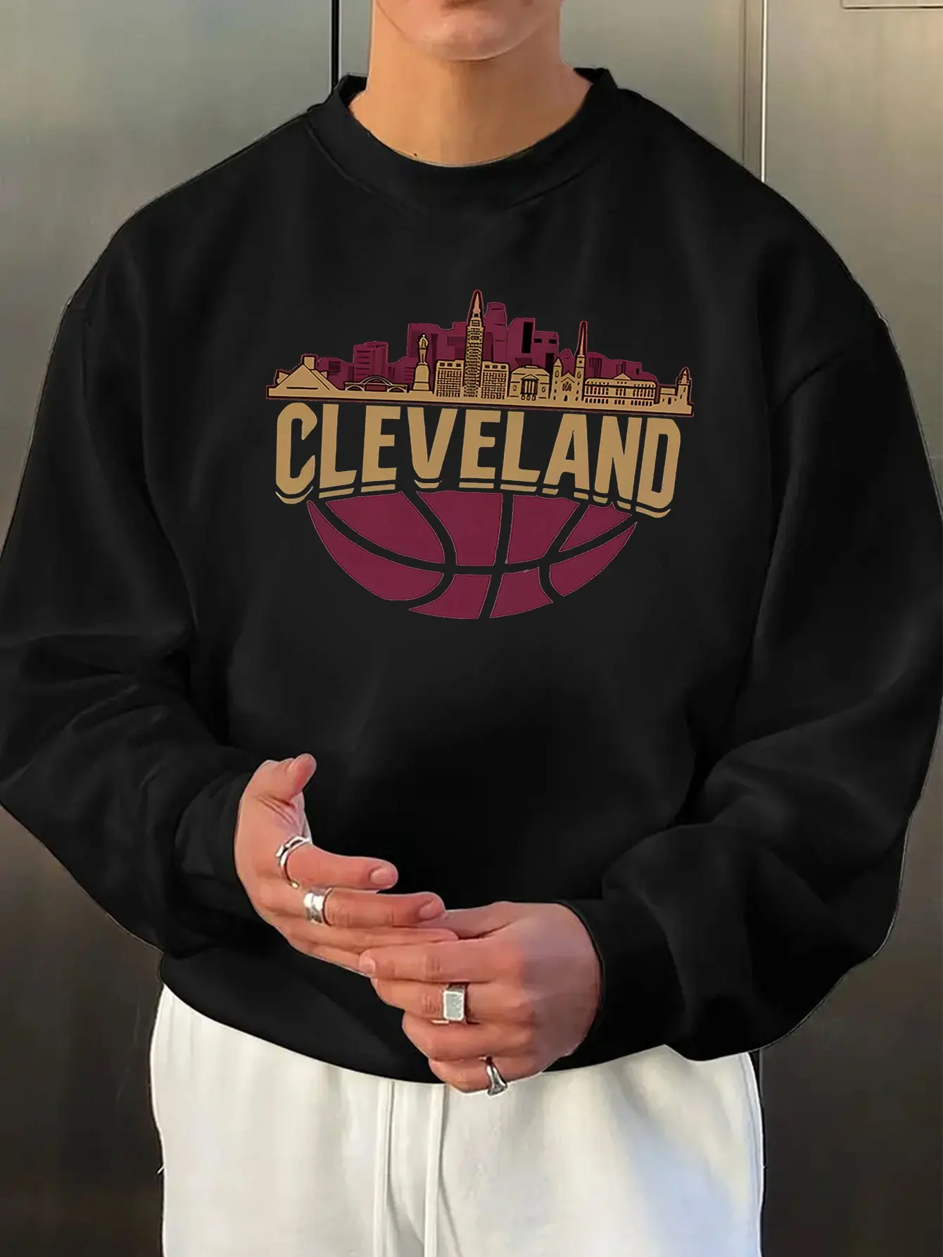 سترة رجالية بنمط كليفلاند - بلوفر فضفاض بأكمام طويلة مع طباعة حروف City Skyline وCavaliers، ملابس شتوية دافئة #1