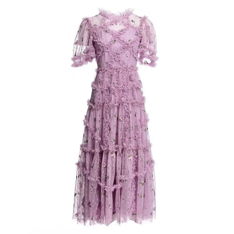 

Tops Fashion New Long Party Wedding Vestidos Women Allover Luxurious Embroidery Ruffle Flower Patterns Purple Pink Mesh Dress