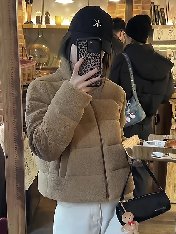

Sli Stand Collar Long Sve down Cotton Jaet Women's Winter New Small Size Lamb Fur Coat Warm Casual Outerwear