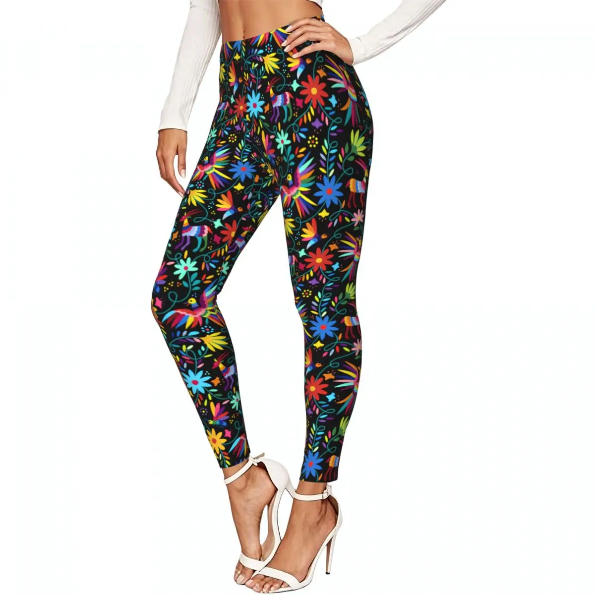Ladies Elastic Waist Skinny Leggings Ethnic Mexican Otomi Birds Flowers Trousers For Daily Outdoor