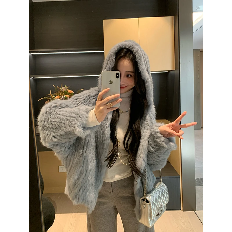 

XIN Faionable Rabbit Fur Coat with Hood Slimming Women's Jaet Commute Sle Long Sve Double Button Closure Straight Hem