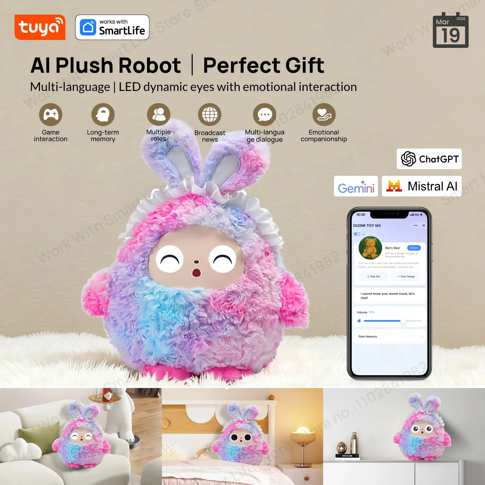 

Плюшевая игрушка AI с умным голосом и светодиодными глазами, интерактивный компаньон, готовый перезаряжаемый электронный питомец, отличная жизнь с приложением Tuya, многоцветный