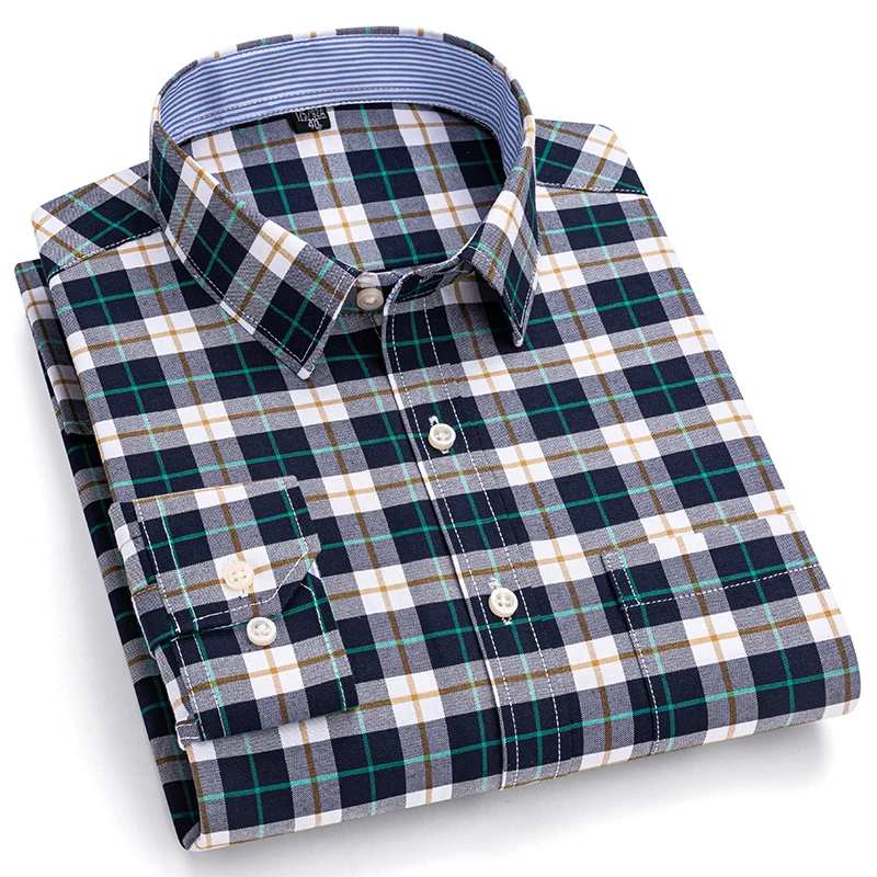 100% Cotton Men's Oxford Shirts Long Sleeve Casual Plaid Soft Regular Fit Formal Dress Shirt Social Blouse Male Clothes S-7XL