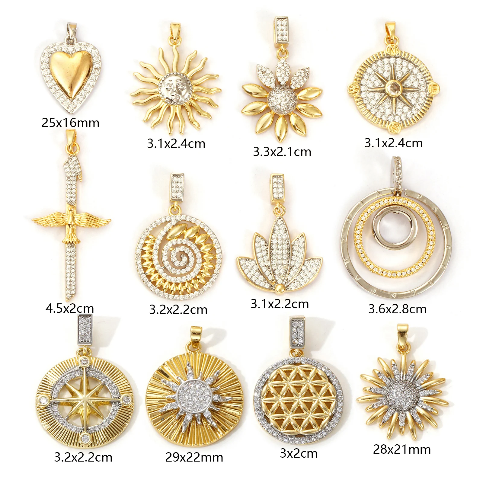 1pc Brass Charms Sunflower Pendants Two Tone Star Micro Pave Clear Cubic Zirconia Pendant Necklace DIY Jewelry Making Findings