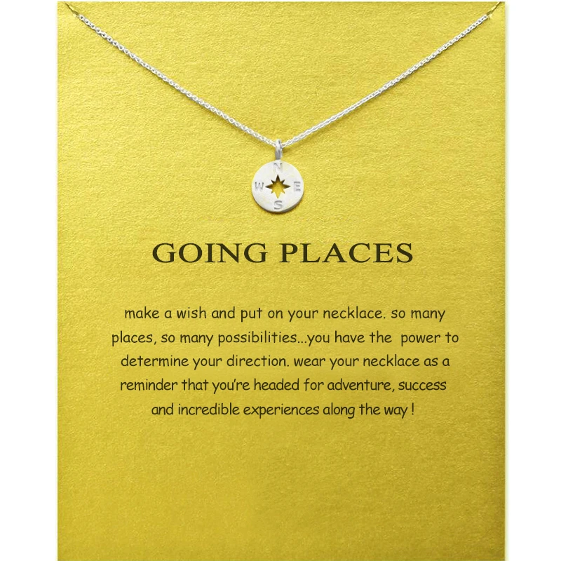 Going Places Compass Pendant Necklace For Ladies Festival Gift with Blessing Card Gold Plated Alloy Daily Reminder Power Jewelry