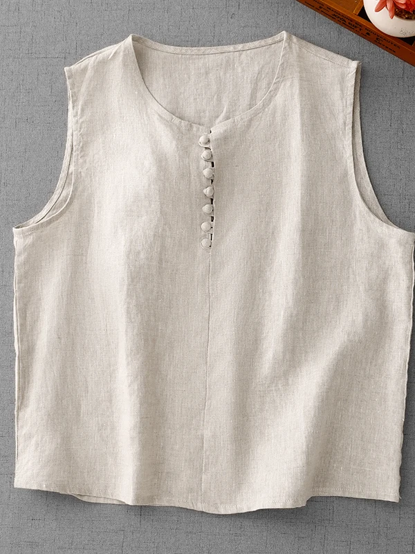 Retro Cotton Linen Sleeveless Vest Women Summer Loose Slimming Inner Wear Elegant Base Top Trendy Small Shirt