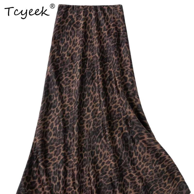 Tcyeek 100% Real Silk Long Skirts for Women 2026 Spring Leopard Print Slimming Fishtail Skirt Ladies Clothes Faldones Para Mujer