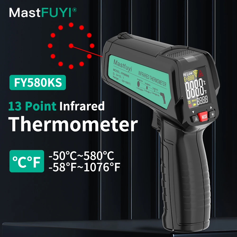 MASTFUYI High-Precision Infrared Thermometer 13-Laser Dot LCD Display Digital Non-Contact Industrial Thermometer -50°C to 580°C