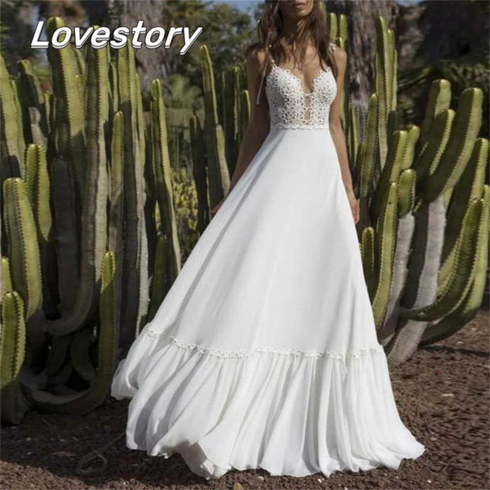 

Boho A-Line Wedding Dresses Sleeveless Bride Robes Sexy Backless Spaghetti Strap Appliques Bridal Gown V Neck Vestidos De Noiva