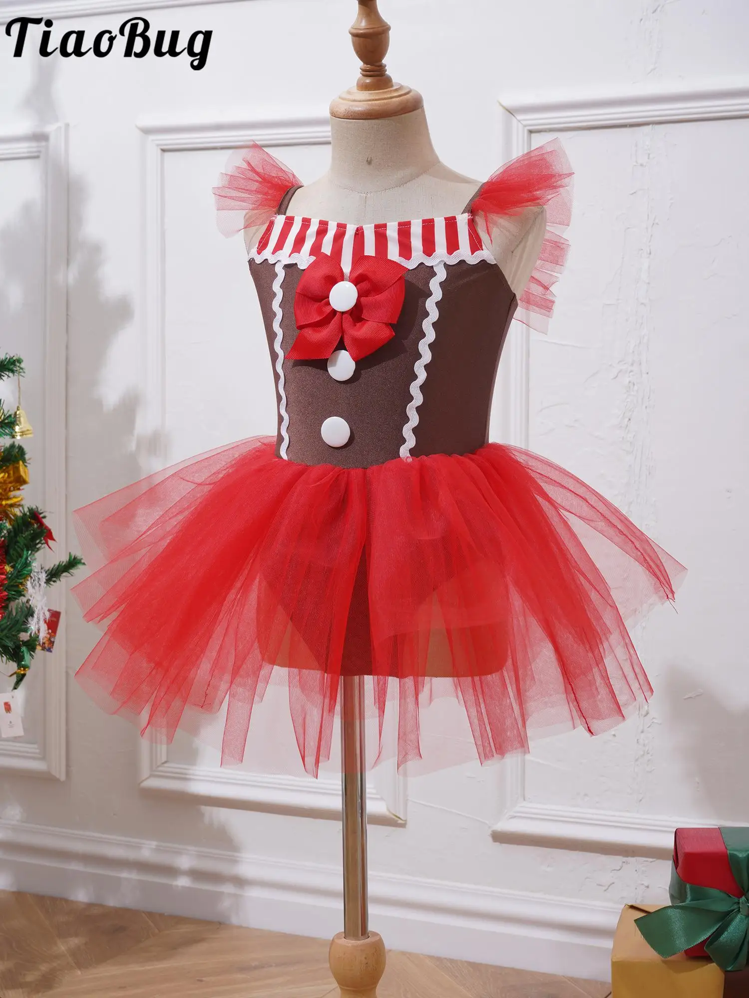 Little Girls Cookie Gingerbread Man Princess Dress Christmas Party Costumes Sleeveless Mesh Tutu Dress Ballet Leotard Dancewear