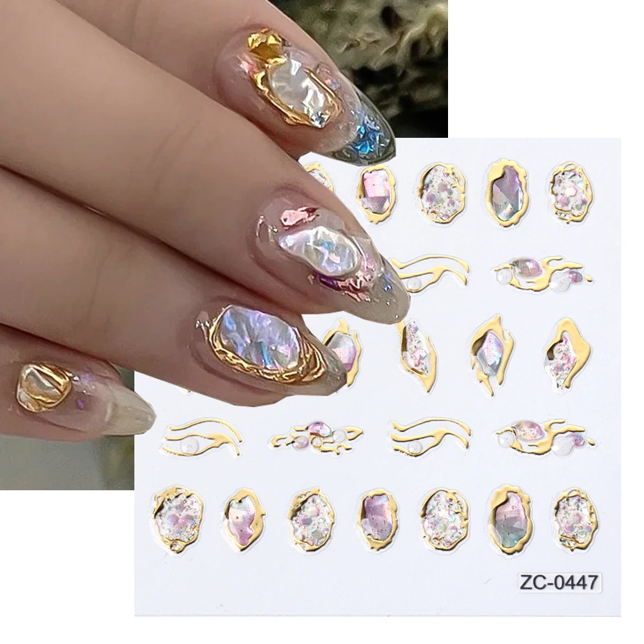 3pcs/Set Diamond Pearl Self Adhesive Stickers For Nail Gold Frame Abstract Geometric New 5D Creative Decals Nail Art Decoration