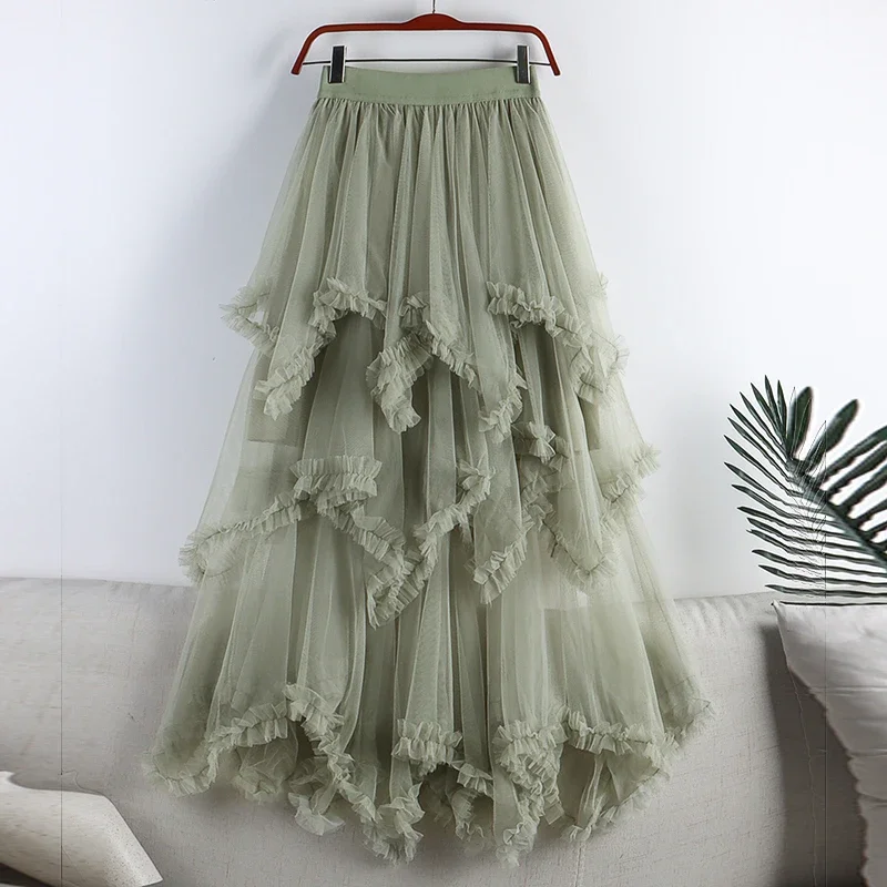 Autumn Winter New 2024 Irregular Cake Tulle Skirt Women Sweet Midi Long High Waist A Line Skirt Female Mesh Party Skirt Lady