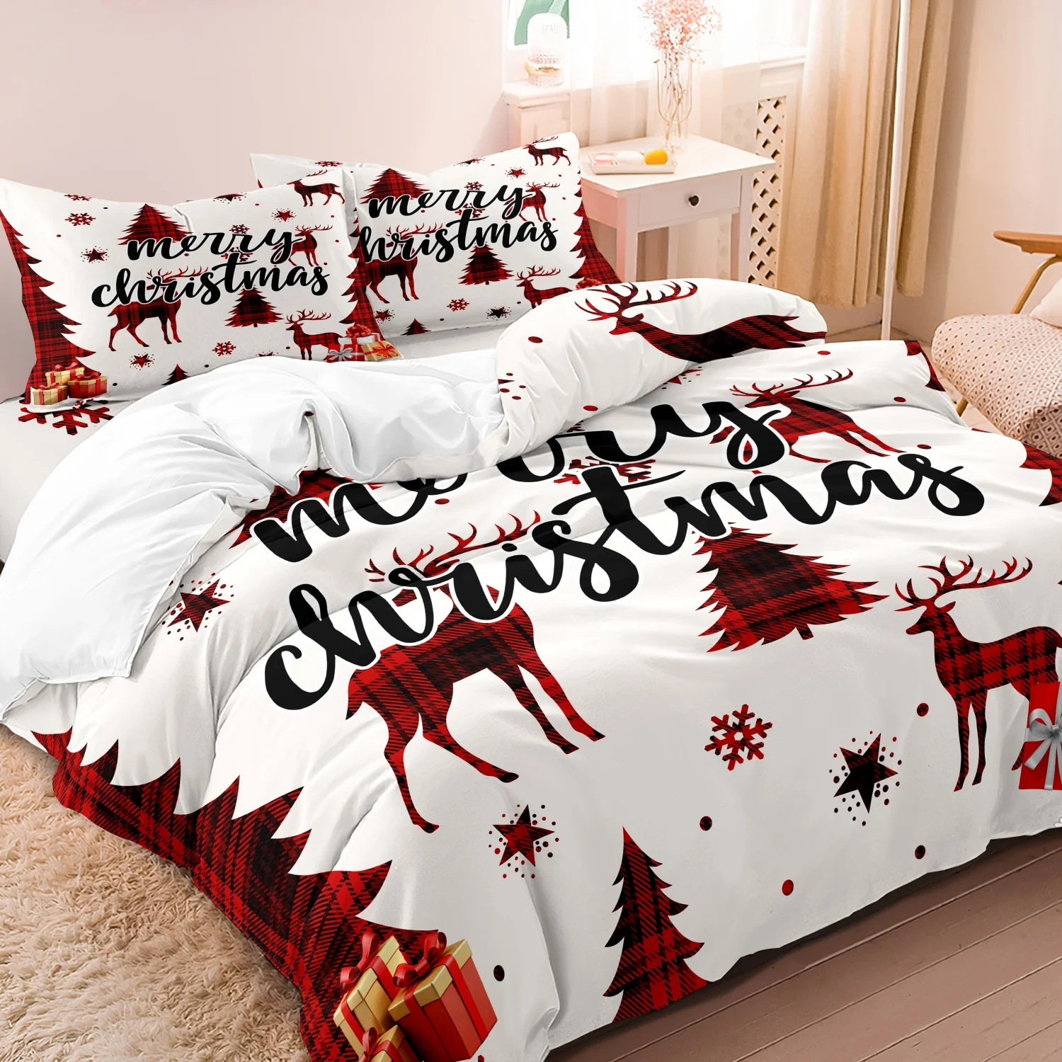 3pcs Christmas Duvet Cover Set - Festive Reindeer &Tree Design, Red Grid Checkered Pattern, Christmas Bedding | Christmas Gift