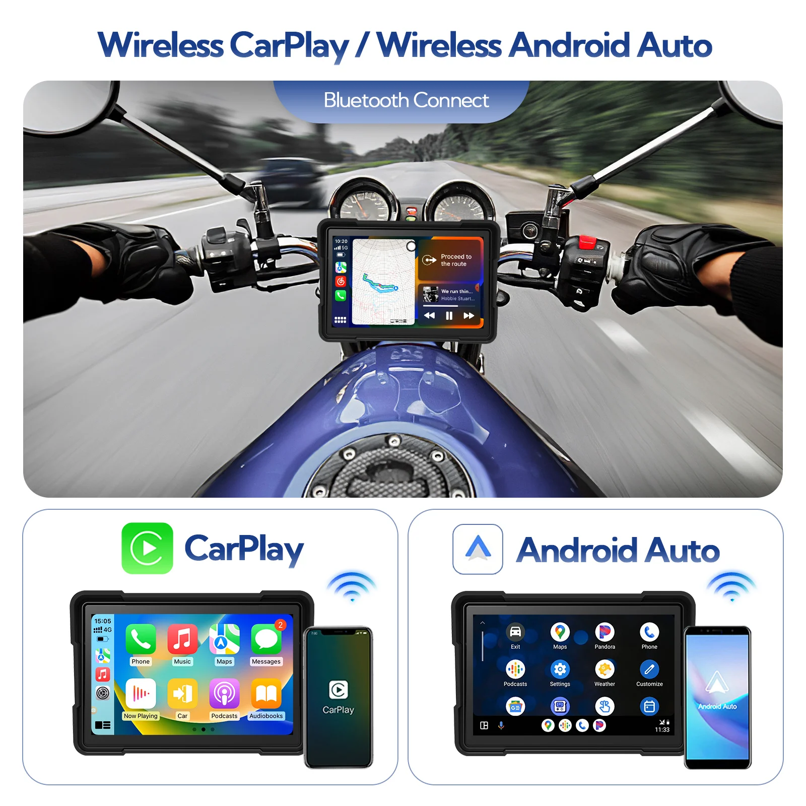 

Binize 5" Motorcycle Carplay Waterproof Support GPS Navigation Touch Screen Wireless CarPlay ＆ Android Auto