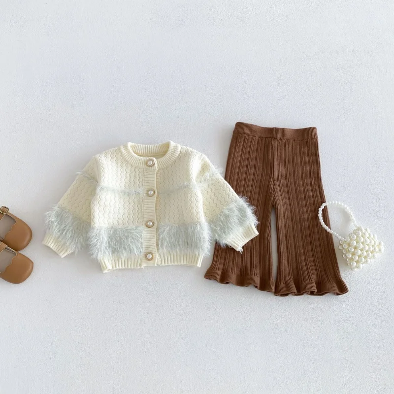 2026 Korean Style Autumn Toddler Girls Knit Clothing Set Solid Tassel Knitted Sweater Cardigan Ruffle Hem Trouser 2PC Baby Suit
