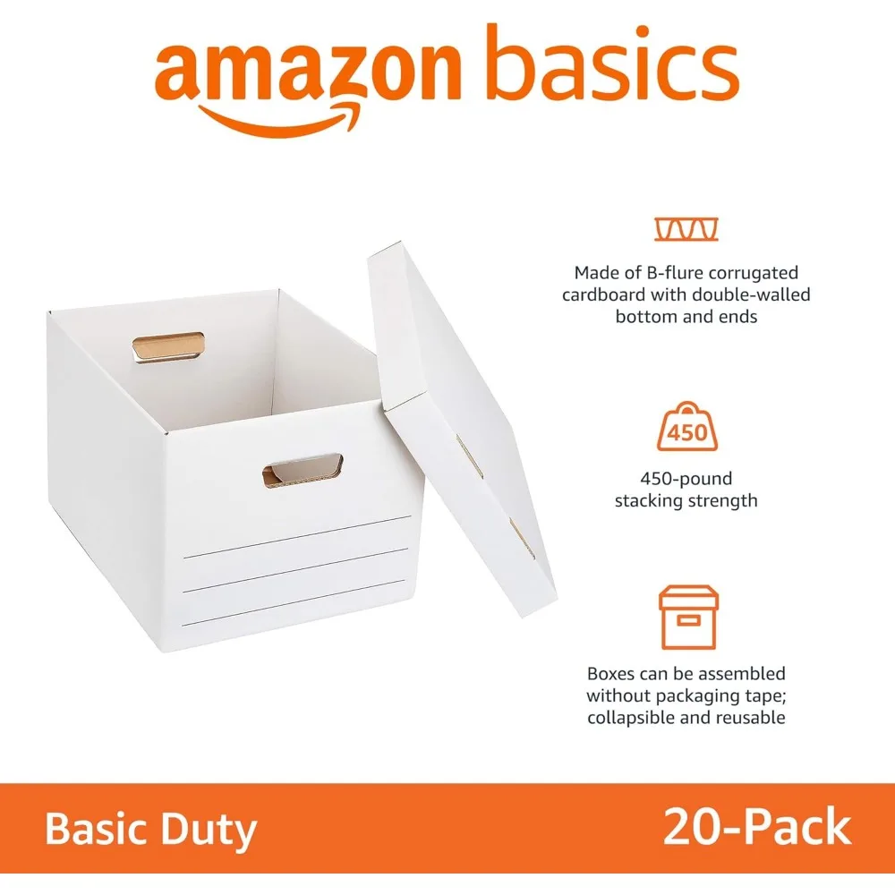 Basics Storage and Filing Boxes With Lid and Handles, Legal/Letter Size, Basic Duty, Pack of 20, White, 16.2