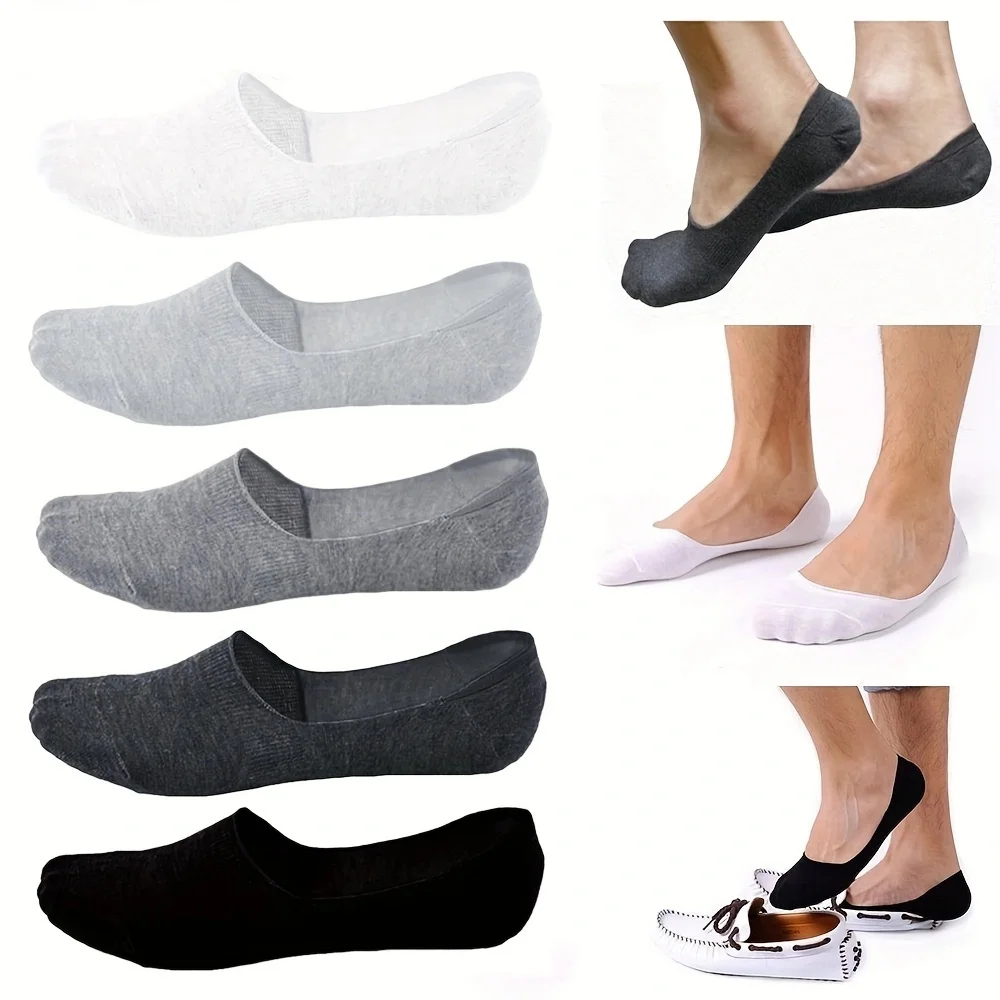 5 Pairs of Pure Color Men's Boat Socks Silicone Non-Slip Shallow Socks Spring and Summer Invisible Socks for Men Simple Style Low-Cut Socks for Men