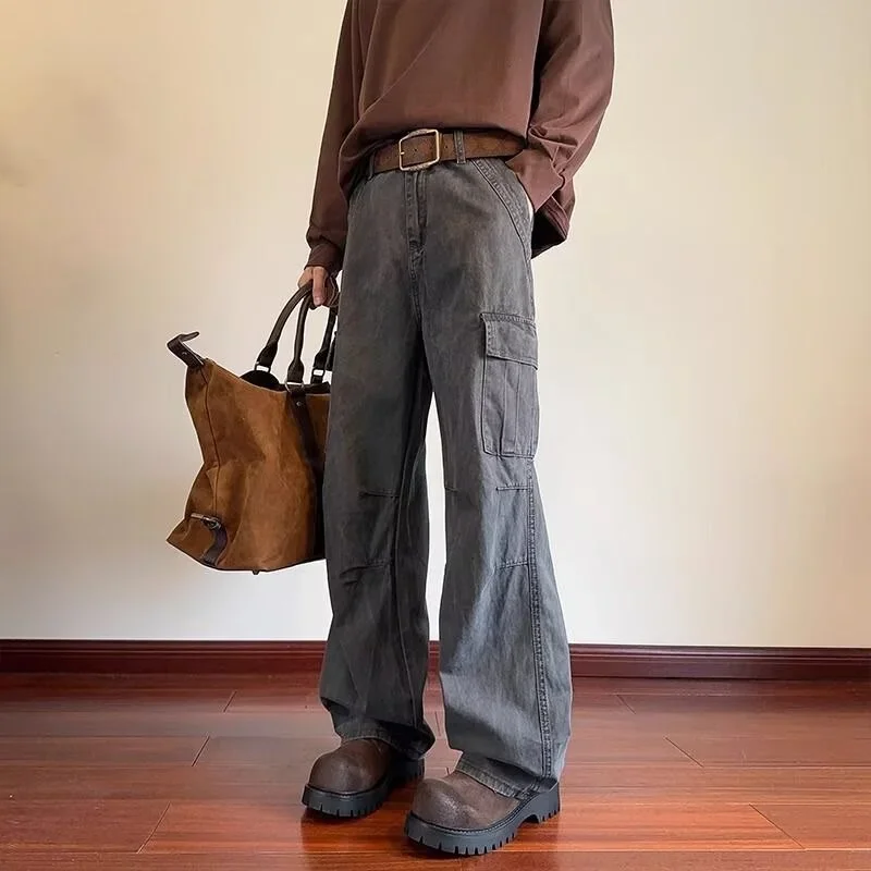 

Осенние винтажные мешковатые брюки-карго с несколькими карманами для мужчин, повседневные плиссированные прямые рабочие брюки, уличная мода, брюки Y2K