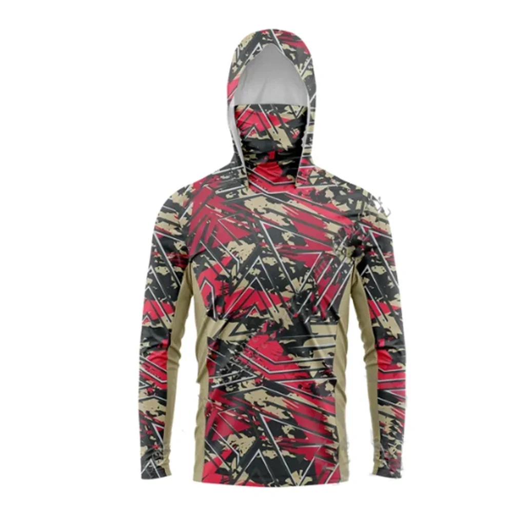 Men Camo 3D Print Hooded Fishing Shirt Polyester Long Sleeve UV Sun Protection Top With Attached Face Cover