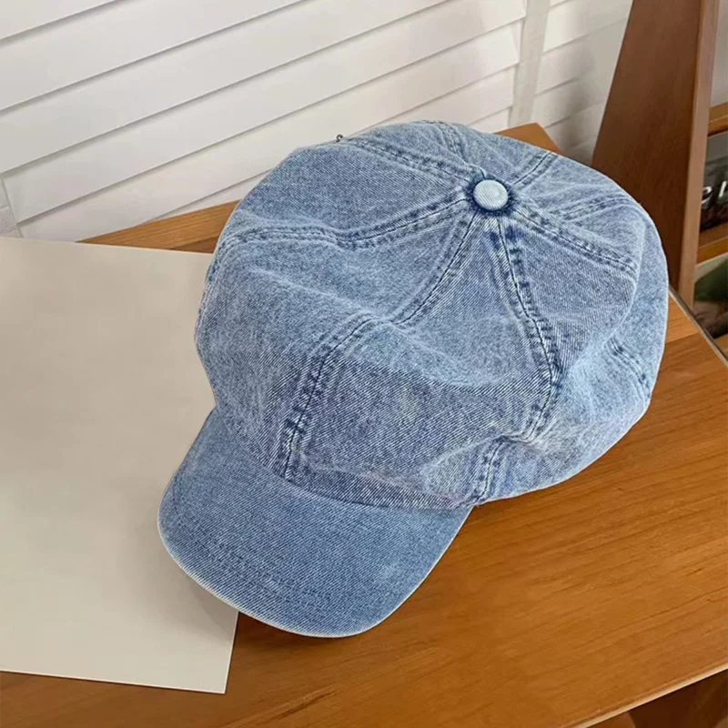 Women'S Denim Newsboy Beret Elegant British Style Octagonal Visor Hat with Structured Six-Panel Classic Painter Cap