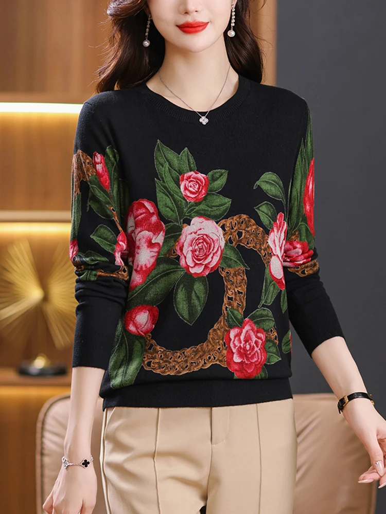 

Floral Print Sweaters Autumn Spring Soft O Neck Knitwears Pullover Pull Femme Female Casual Jumper Long Sleeve Women's Sweater