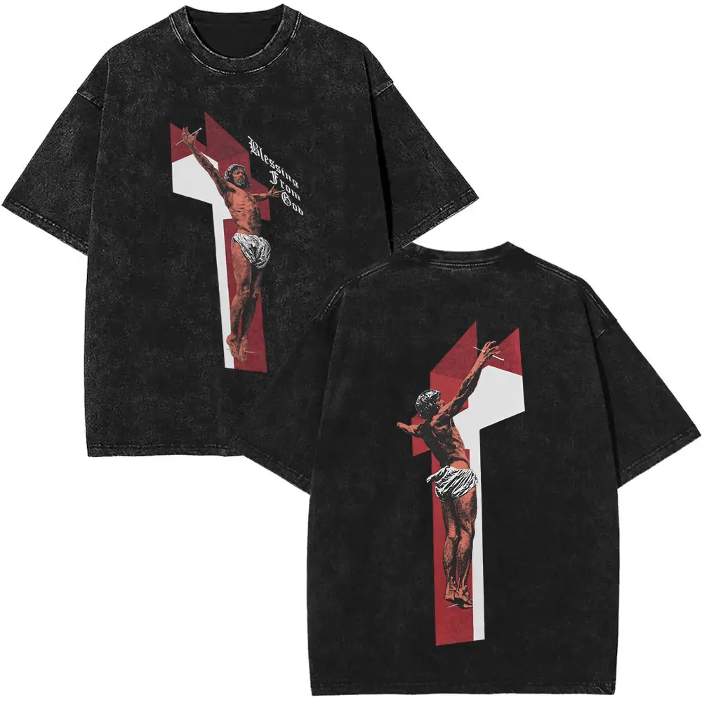 غسلها خمر المسيحية يسوع نعمة من الله الجرافيك تي شيرت الرجال النساء الملابس موضة عادية المتضخم Crewneck تي شيرت