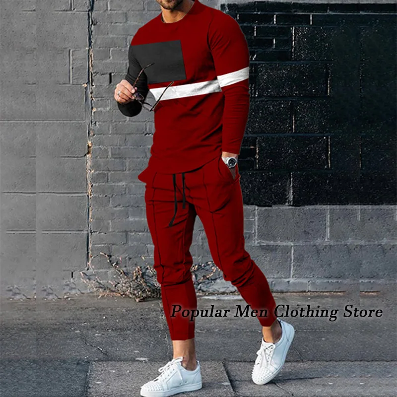 Spring Men\'s Tracksuit Set 3D Printed Solid Color Jogger Sportswear Casual Long Sleeves T shirts+Long Pants Suit Men Clothing