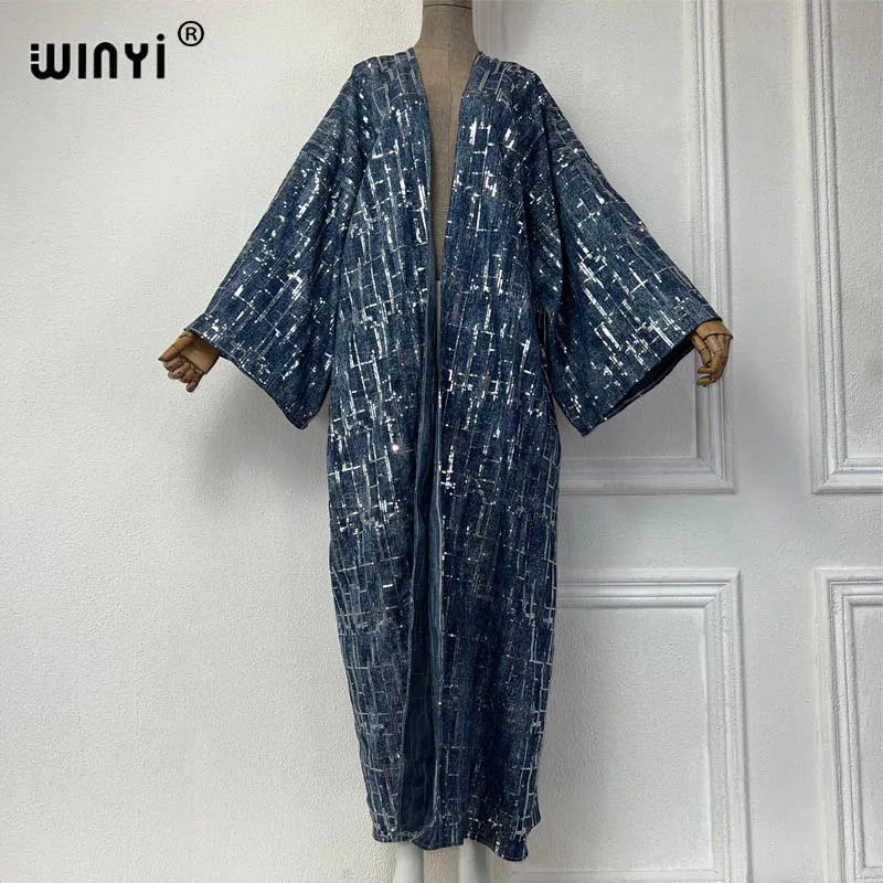 WINYI new Sequined denim cardigan Women long down coat Loose Dress elegant Party maxi Holiday Swimming Cover Up fashion Kimono