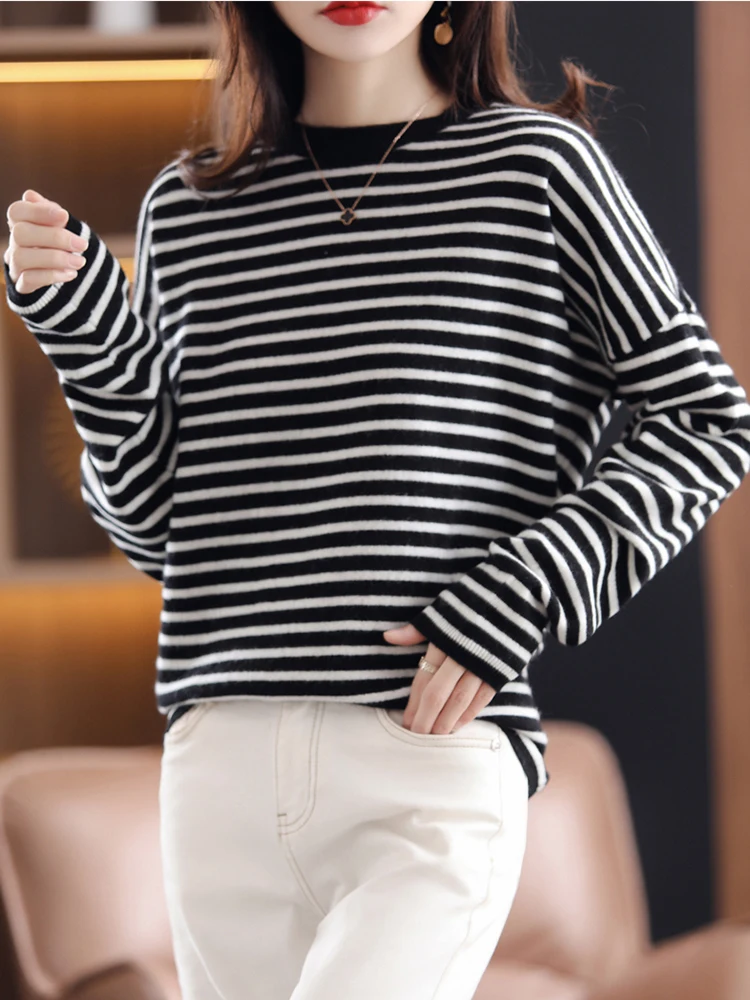 Cashmere Elegant Striped Women Sweater Soft Warm Knitted Basic Pullovers O Neck Loose Female Sweaters Autumn Knitwear Jumper Top