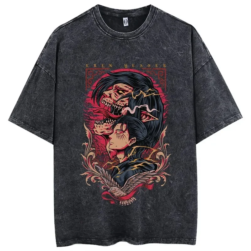 Anime Attack on Titan T-Shirt Hip Hop Oversized Streetwear Vintage Printed Washed Short Sleeve T Shirt Summer Cotton Male Tops