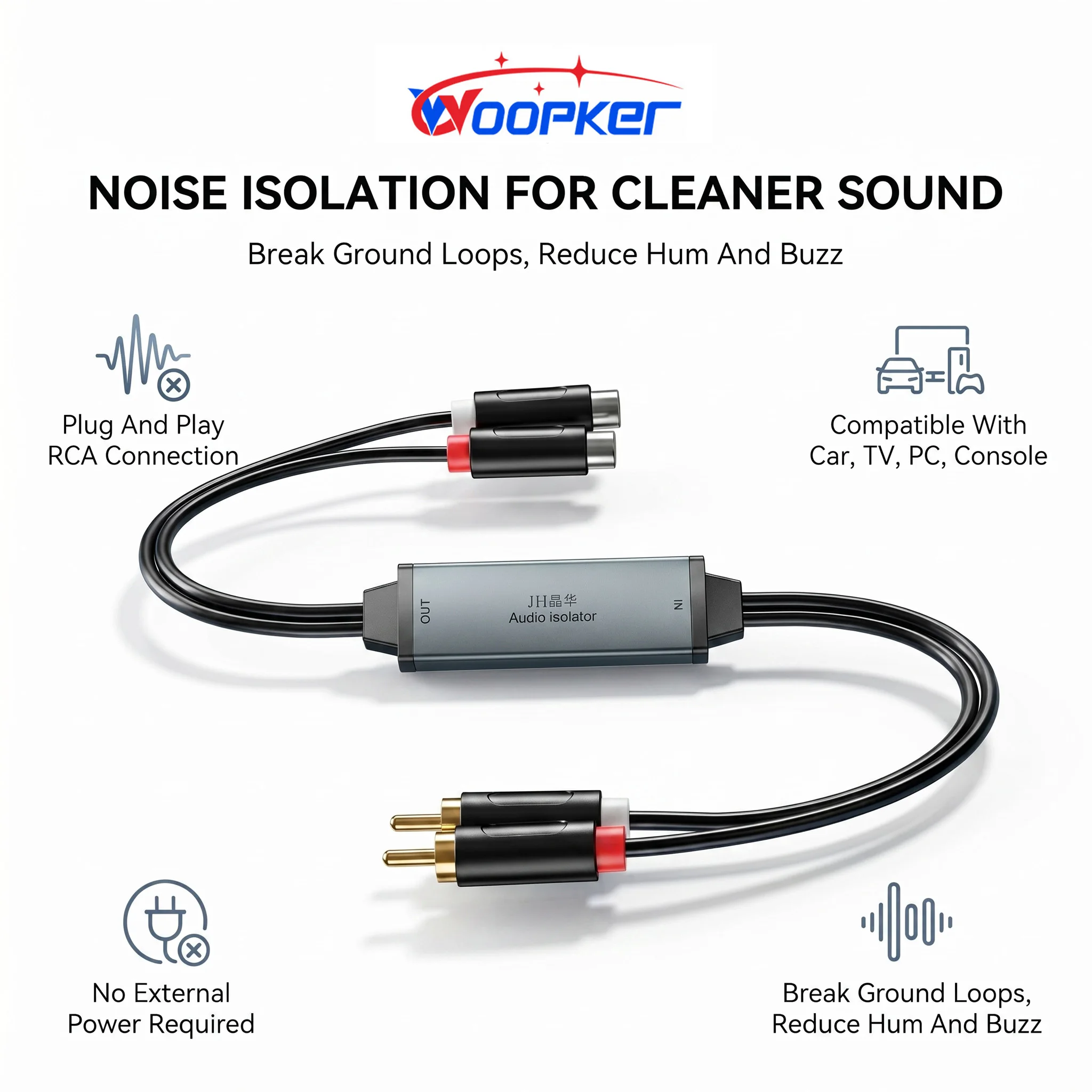 

Woopker RCA Audio Isolator Common Ground Noise Filter Anti-interference Noise Canceller for Car Home Stereo Hi-Fi System