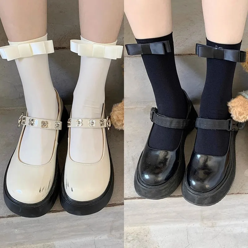 Autumn New Japanese Style All-Matching Velvet Socks Milky White Bowknot Sweet Girl Mid-Calf Length Loose Socks Thin