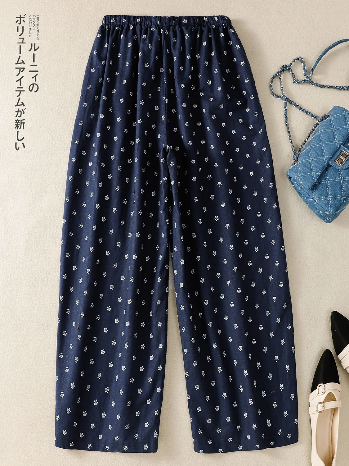 Cotton Linen Wide Leg Pants Women Summer Casual Drawstring Flower Youthful Looking Loose Fit Trousers Creative Personalized F...