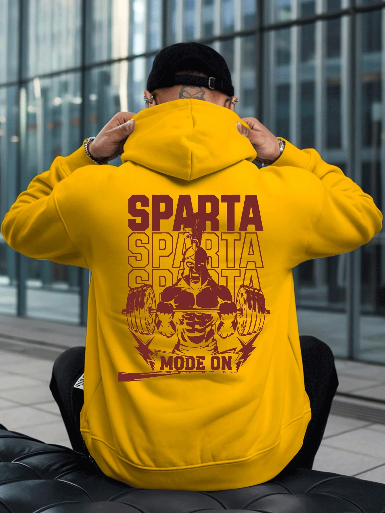 Men Sparta Mode On Graphic Hoodie Vintage Gym Workout Print Pullover Hooded Sweatshirt Back Print Streetwear