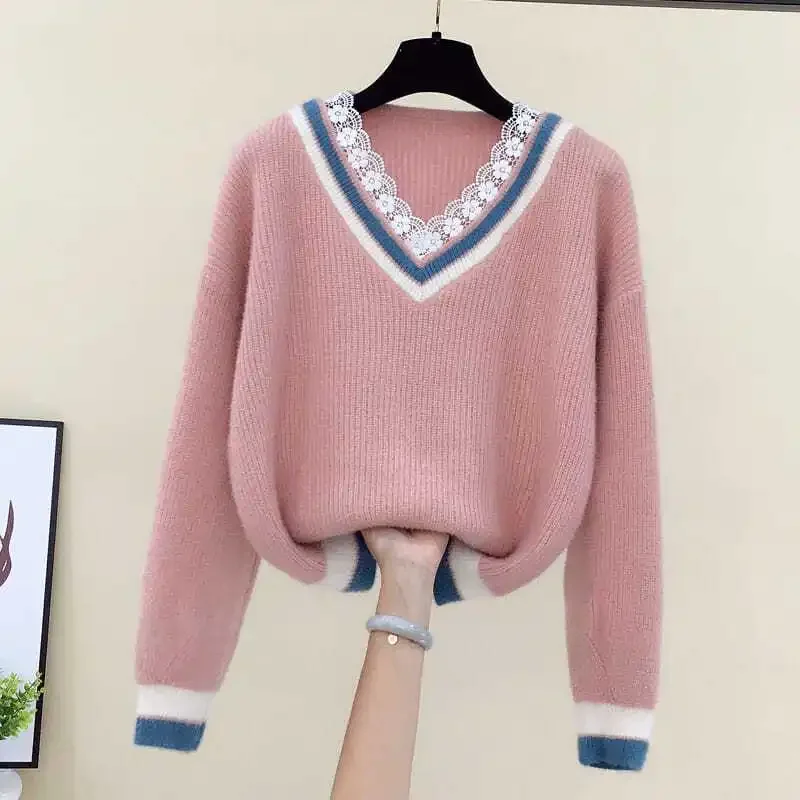 Renda com decote em v 2024 outono novo nicho solto versátil estilo coreano ulzzang solto curto camisola de malha pulôver chique topo