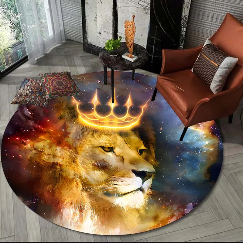 Lion Crown Round Carpet Anti-Slip Round Area Rugs Bedroom Chair Mats Ferocious Animals Home Decor Rug Animal Pattern Round Rugs